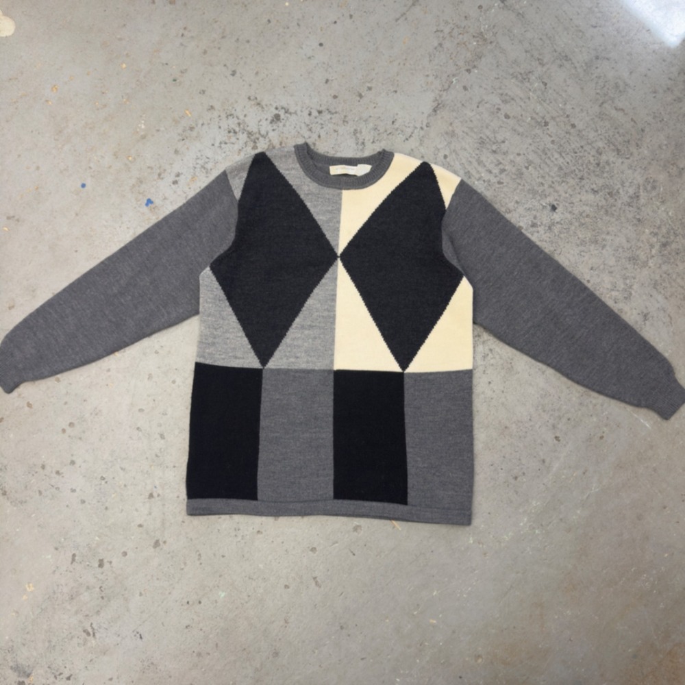 Liz Claiborne Collection Merino Wool Geometric Intarsia Sweater Grey Black M